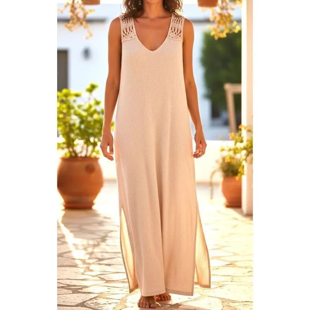SHEIN Boho Maxi Dress Womens Large 8/10 Beige Sleeveless Crochet Medallion Back